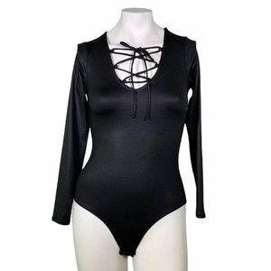 Black Women's Long Sleeve Lace Up One Piece V-Neck Snap Bodysuit XS